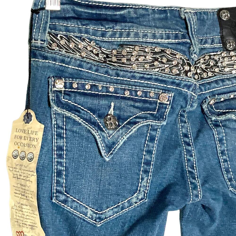Miss Me Jeans Low Rise Boot NWT Split Wings Silver Rhinestones Women's Size 27